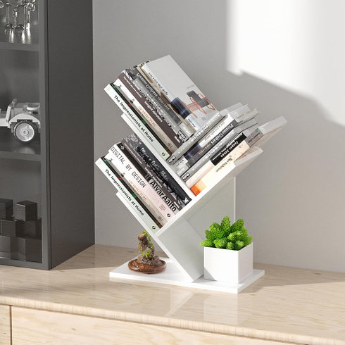R RUISHENG 3 Tier Small Tree Bookshelf Storage Organizer Shelves Floor Standing Bookcase Desk Wood Storage Rack