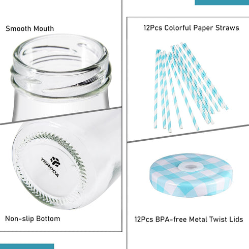 11oz Set 12 YEBODA Glass Milk Bottles with Reusable Metal Twist Lids and Straws for Beverage Glassware and Drinkware