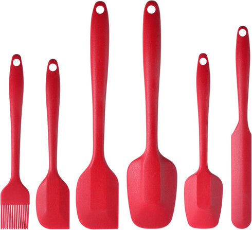 MaxDare Silicone Spatulas and Spoon Set, One-Piece Design, Heat Resistant, Non Stick, Set of 6, Red