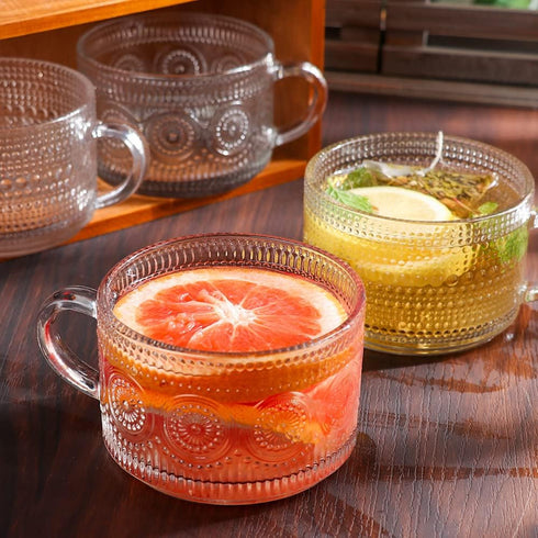 Set 4,14 OZ (2*Flower+2*Beads) Vintage Glass Coffee Mugs of Embossed Glass Coffee Cups Coffee Mugs for Cereal, Yogurt