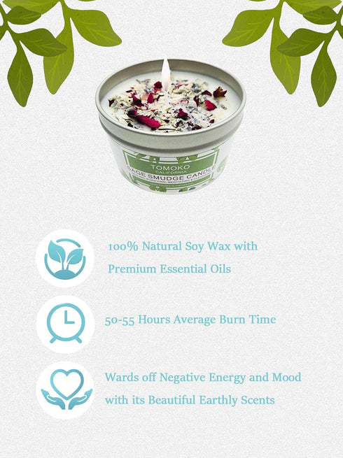 TOMOKO White Sage Candle with Sage Leaf, Rose, Lavender, Himalayan Salt & Essential Oil