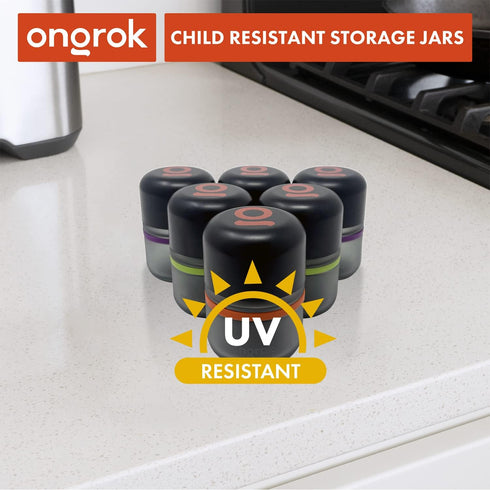 80ml, 6 Pack ONGROK Glass Storage Jar, | UV Herb/Spice Jar with ChildResistant Lid, ColorCoded Glass Containers