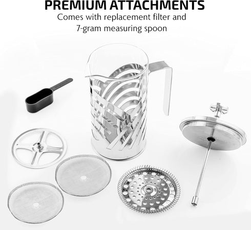 OVENTE 27 Ounce French Press Coffee & Tea Maker - Silver Portable Pitcher with 4 Level Stainless Steel Filter System
