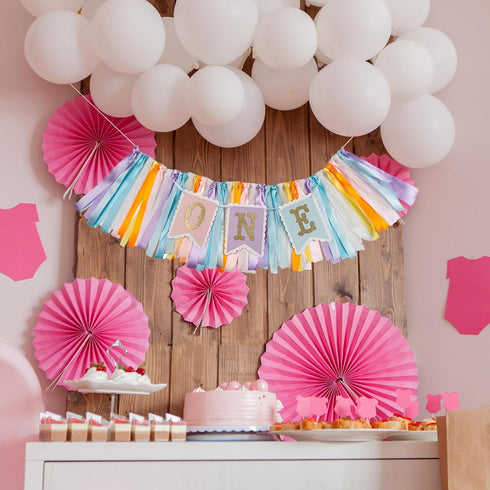 Q&High Life 1st Rainbow High Chair Banner for Birthday - Macaron Color "ONE" Garland with Tulle for Baby Girl Smash
