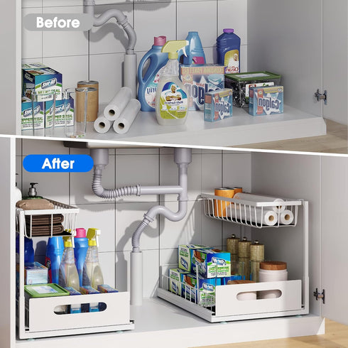Under Sink Organizers and Storage, 2 Tier Sliding Cabinet Basket Organizer for Bathroom and Kitchen