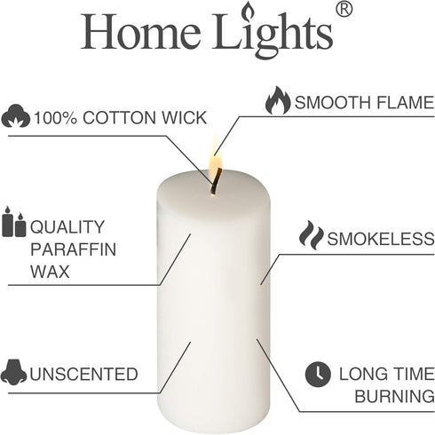 HomeLights Pillar Candles - 2.7x6 inch | 60 Hours Burning, 6 Count - White Unscented Smokeless Candles for Events
