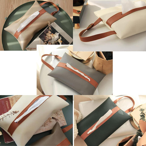 PU Leather Tissues Box Organizer Case, Rectangular Facial Paper Storage Holder with Hanging Strip for Kitchen, Bedroom,