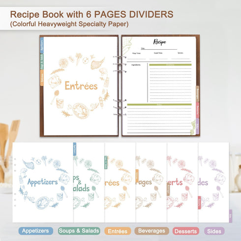Creawoo Wooden Recipe Book, Personalized Blank Recipe Binder, Hardcover DIY Family Recipes with Colorful Dividers