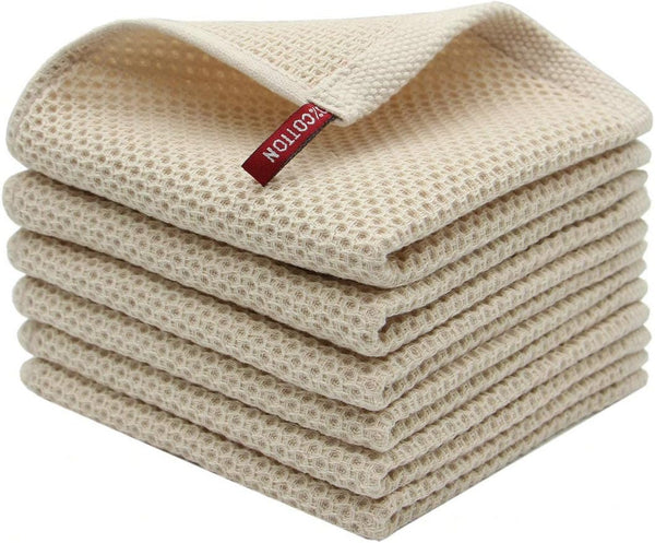 Mia'sDream Natural Cotton Dish Cloths, Absorbent Waffle Weave Kitchen Towels, 12x12 inch, 6 Pack (Beige)