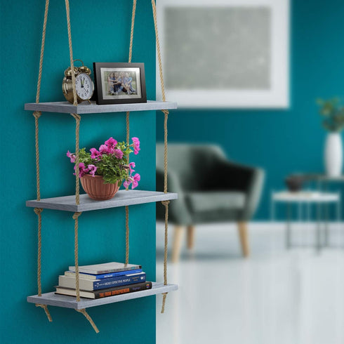 Sorbus 3-Tier Rustic Wood Hanging Shelf, Wood Swing Storage Shelves Rope Organizer Rack, Floating Display Shelves (Grey)