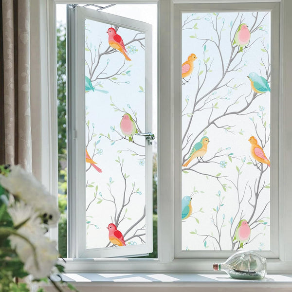 Coavas Window Privacy Film - Decorative Bird Stained Glass Window Film for Bathroom, Frosted Glass Cling - 17.5" x 78.7"