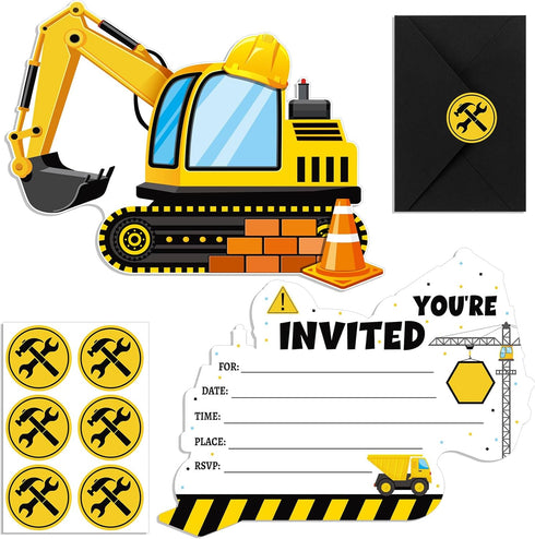 30 Sets Construction Excavator Birthday Party Invitations Cards with Envelopes Stickers Construction