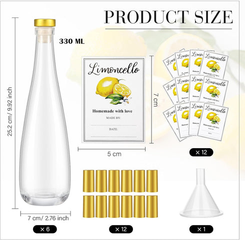 6 Set 11 oz 330 ml Set Maxcheck Lemoncello Glass Wine Bottles with Labels Stickers Airtight Empty Clear Liquor Bottles