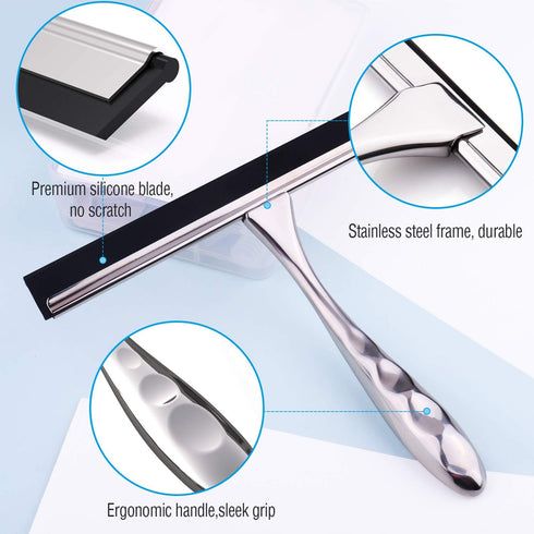 Stainless Steel Shower Squeegee, 14 Inch for Shower Doors, Bathroom, Mirrors, Tiles, Car Windows with 2 Hooks (Silver)