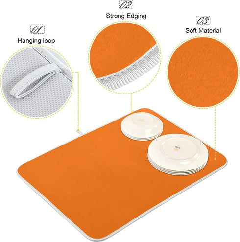 Orange Halloween Day Dish Drying Mat for Kitchen Counter, Absorbent Microfiber Drying Dish Pad, 16 x 18 Inch