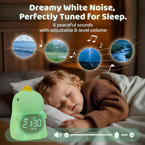 Dinosaurs Alarm Clock with Night Light for Kids with Sleep Training and Sound Machine, Rechargeable Silicone Lamp OK