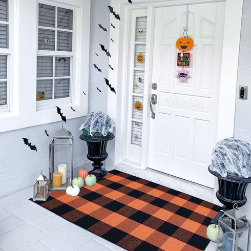Cotton Orange and Black Plaid Rug - 27.5''x43'' Hand-Woven Washable Decorative Mat for Fall Outdoor Entryway