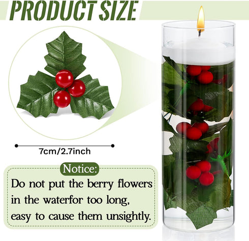 Christmas Holly Berries for Crafts, Faux Flowers and Holly Leaves, 50 Pcs for Wreath Fillers