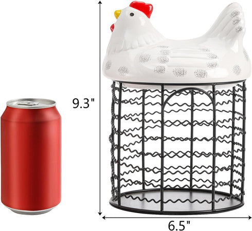 Hiceeden Metal Wire Chicken Egg Storage Basket, Decorative Fresh Egg Holder with Ceramic Chicken Design Lid, Portable
