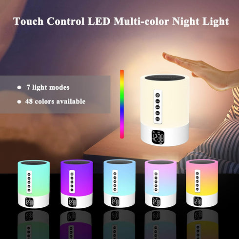 Biseoamz Alarm Clock Bluetooth Speaker, Night Light White Noise Machine Touch Bedside Lamp with Alarm Clock for Kids