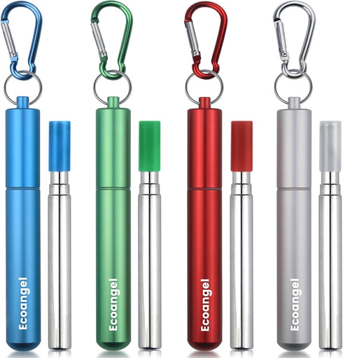 Cruise Ship Essentials 4-Pack Reusable Collapsible Stainless Steel Straws with Aluminum Case, Cleaning Brush