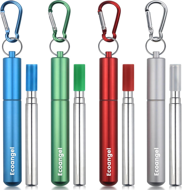Cruise Ship Essentials 4-Pack Reusable Collapsible Stainless Steel Straws with Aluminum Case, Cleaning Brush