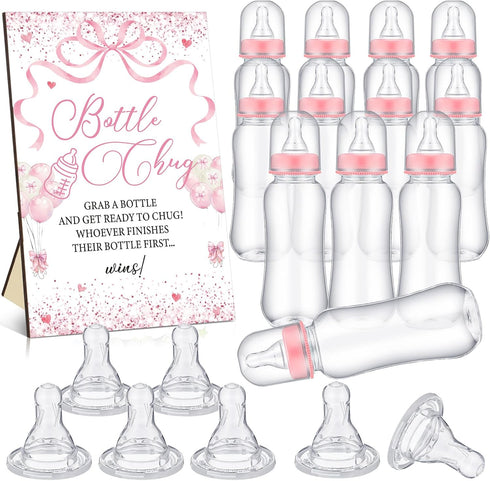 TrelaCo Cool Baby Shower Games Bottle Chug Sign and 12 Pcs Baby Bottle