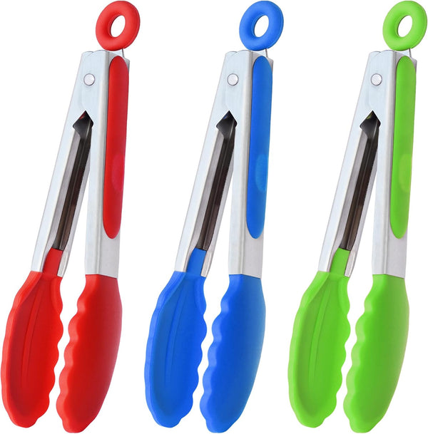 Mini Tongs with Silicone Tips, 7-Inch Serving Tongs, Set of 3 (Red, Blue, Green)