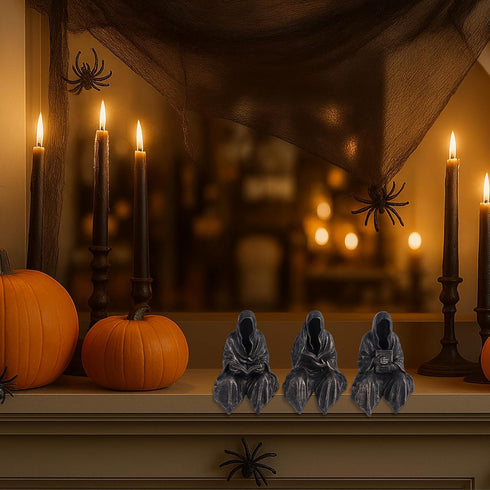 2.95" Set 3,Gothic Mini Reading Statue Bookshelf Figure of Grim Reaper Statue,Mystery Reading Figurines Sitting