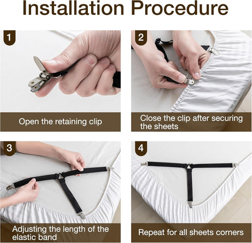 JELLYMONI Adjustable Bed Sheet Straps, Elastic Fasteners with Metal Clips, Fitted Holders for Mattress Cover, Sofa