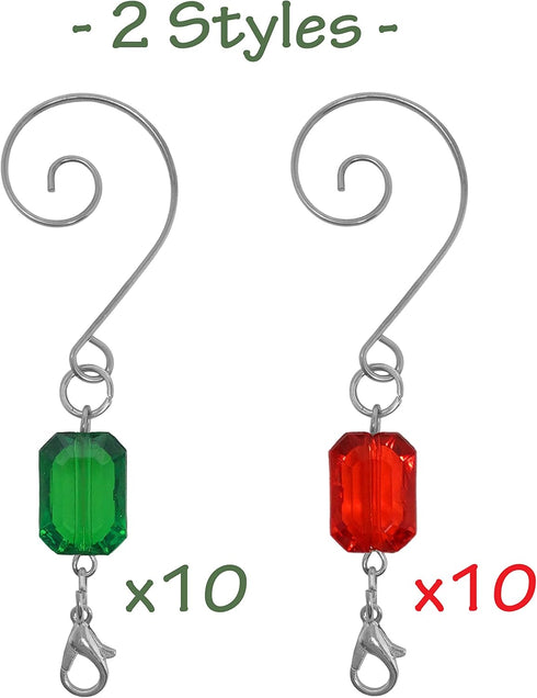 Christmas Ornament Hooks Set of 20, Red and Green Acrylic Jewels, Silver Wire Hangers, Decorative Scroll S-Hook