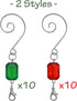 Christmas Ornament Hooks Set of 20, Red and Green Acrylic Jewels, Silver Wire Hangers, Decorative Scroll S-Hook