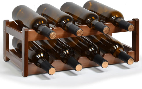 Bamboo Wine Rack, 2-Tier Free Standing Holder for 8 Bottles, Countertop Storage Shelf for Kitchen and Dining Room