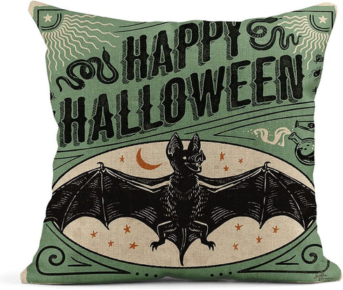 Set of 4 Linen Throw Pillow Covers 18x18 Inch, Vintage Halloween Scaredy Cats Pumpkins Skeletons