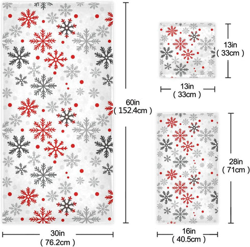 Dussdil Set 3 Winter White Red Snowflakes Bathroom Towel of Pcs Christmas Snow Flakes Bath Hand Towels Face Towel