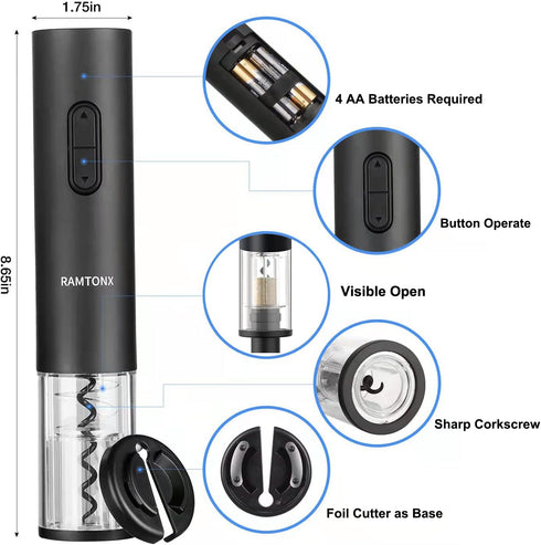 Electric Wine Bottle Opener, Corkscrew Key Set with Foil Cutter, Automatic Reusable Easy Carry Black Wine Opener Gift