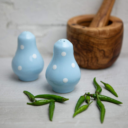 City to Cottage Ceramic Salt and Pepper Shakers Set, Handcrafted Sky Baby Blue Polka Dot Spice Shakers, Farmhouse