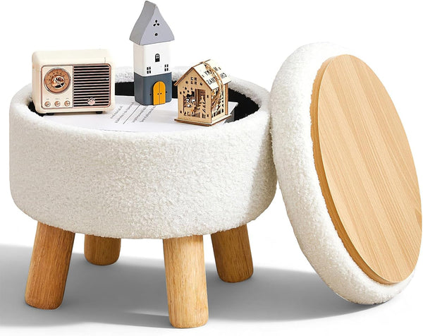 Small Ottoman with Storage, Small Storage Ottoman Round, Sherpa Foot Stool with