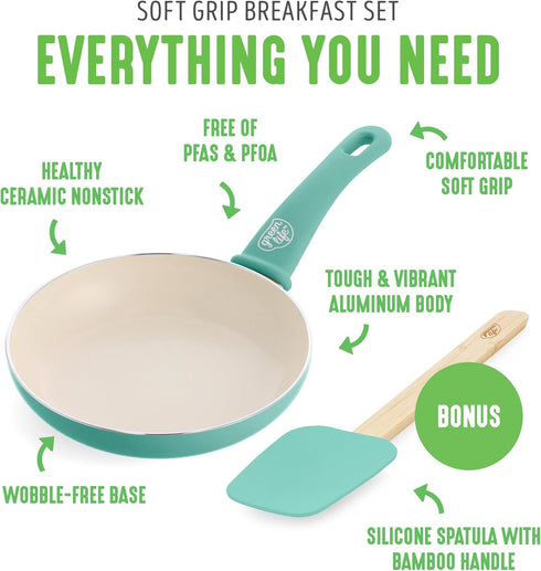 GreenLife 8” Frying Pan Skillet & Silicone Spatula, PFOA/PFAS-Free Ceramic Nonstick Cookware Set (Turquoise)