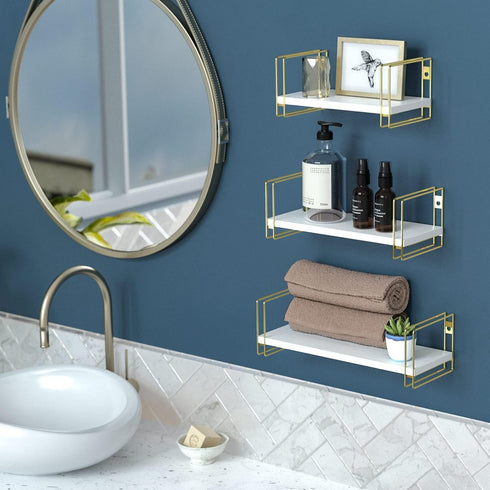 Set 3 MK696C J JACKCUBE DESIGN White Wood Floating Shelves, of Wall Mounted Hanging Shelves with Gold Wire Frames