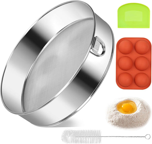 8 Inch Flour Sifter Tamis, Stainless Steel Flour Sieve for Baking Cake, Bread with Dough Scraper