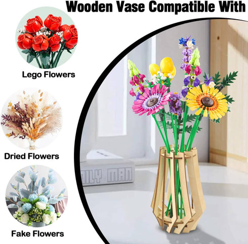 WJCJTJL Set Wooden Vase for Lego Flower Bouquet - Display Stand for Roses, Cherry Blossom, Sunflower, Tulips