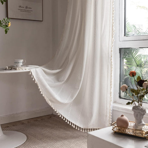 BCLBUSTE 84 Inch 2 52" 84" Boho Curtains Semi-Blackout Panels for Living Room, Linen Tassels Farmhouse Curtains