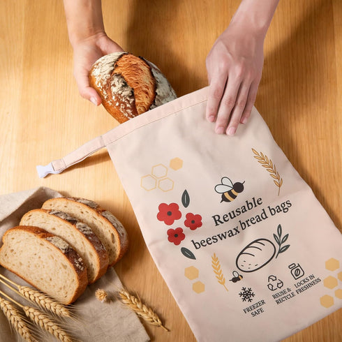2 Pack XL Reusable Beeswax Bread Bags for Sourdough Baking, Organic Waxed Lined, Cotton Bread Bags for Homemade Bread