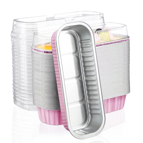 EUSOAR 50pcs Cupcake Liners with Lids, 6.8oz Aluminum Disposable Foil Ramekins Pan, 6.5"x2.5"x1.2", Dessert Containers