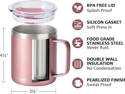 14 oz SUNWILL Travel Coffee Mug with Lid, Insulated Tumbler with Handle, Stainless Steel Cup for Ice, Water, Tea, Rose
