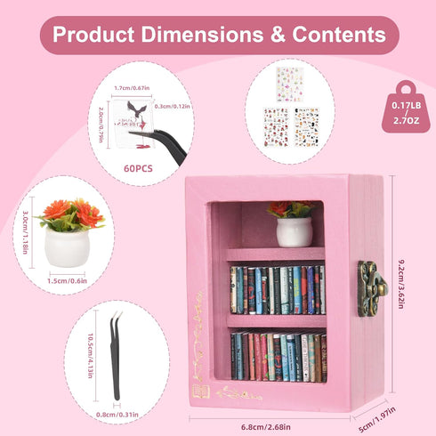Pawnoc 60pcs Mini Bookshelf, with Mini Books, Plant Flowers, and Tweezers, Anxiety Bookshelf for Book Lovers