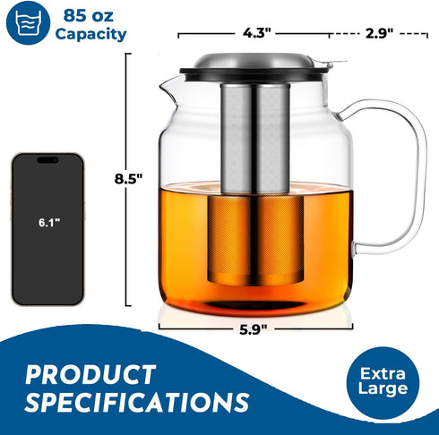 85oz Aquach Glass Teapot with Stainless Steel Removable Infuser, Stovetop & Dishwasher Safe, Ideal for Brewing Loose
