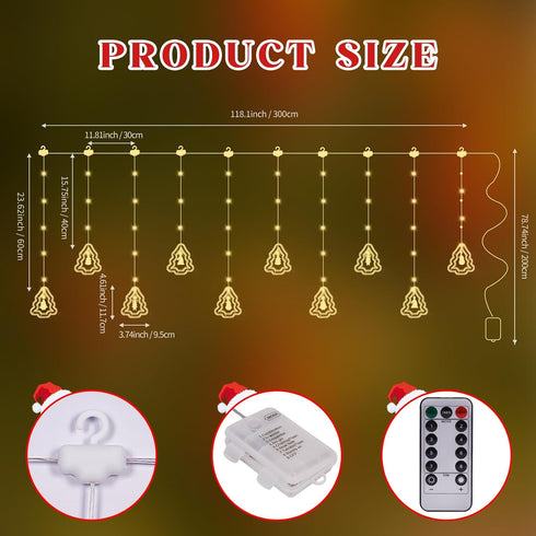 Remote,8 IP65 10 Christmas Tree Curtain Lights, Christmas Window Lights Decor with Lighting Modes, Waterproof, Hooks