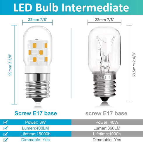 E17 LED Light Bulb, 125V, 40W Incandescent Equivalent, Dimmable 3W for Refrigerators, Range Hood, Warm White 3000K, 2